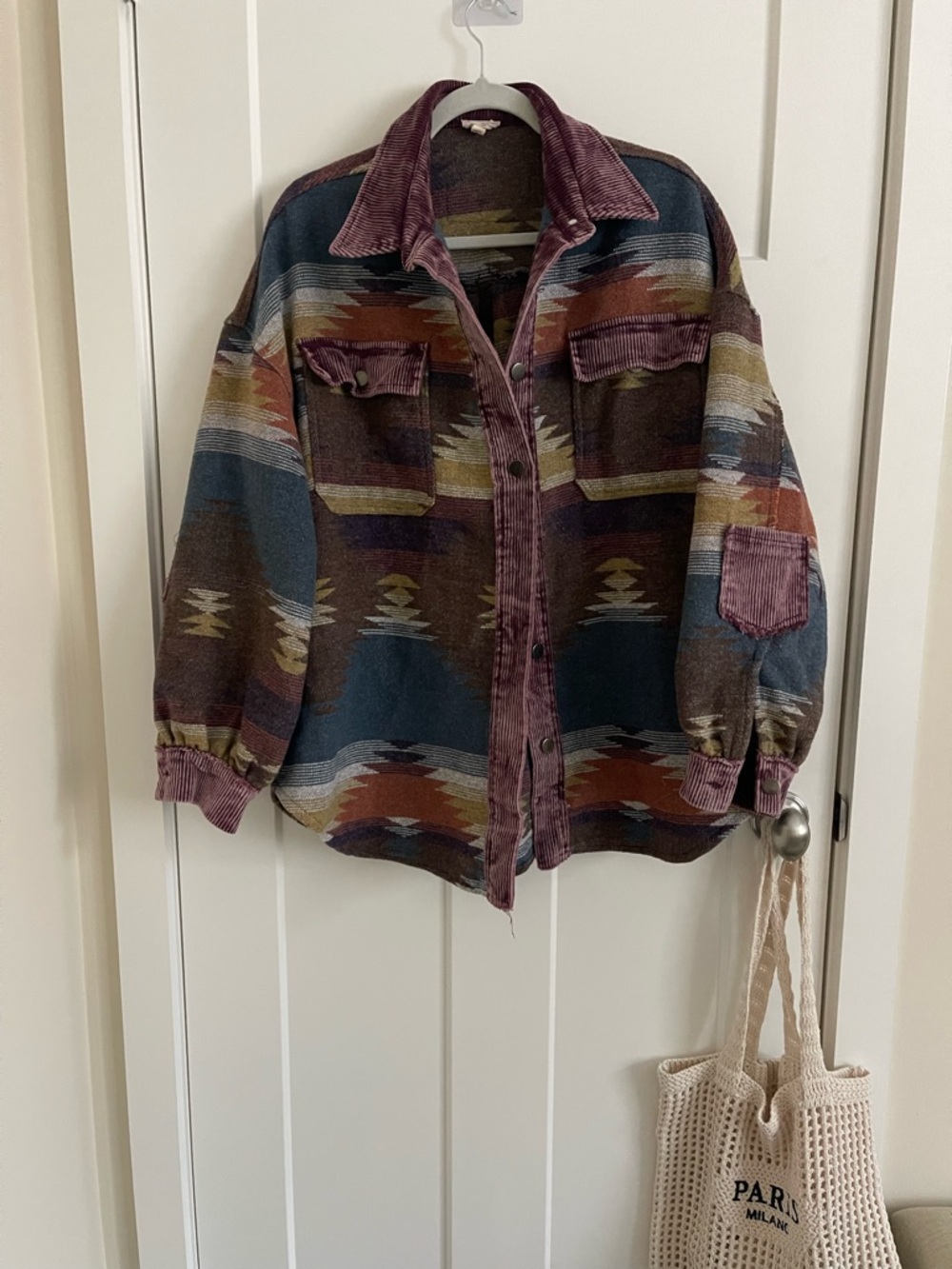 POL Woven Aztec-Pattern Shacket with Corduroy Trim - Plum Multi